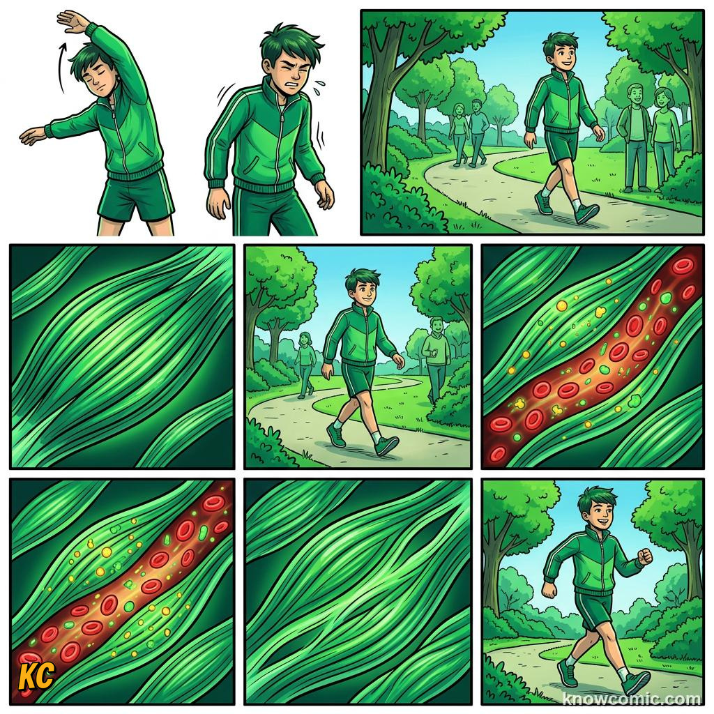 Comic panel about post-workout soreness: Ease Doms The Smart Way, Walk, educational kids illustration