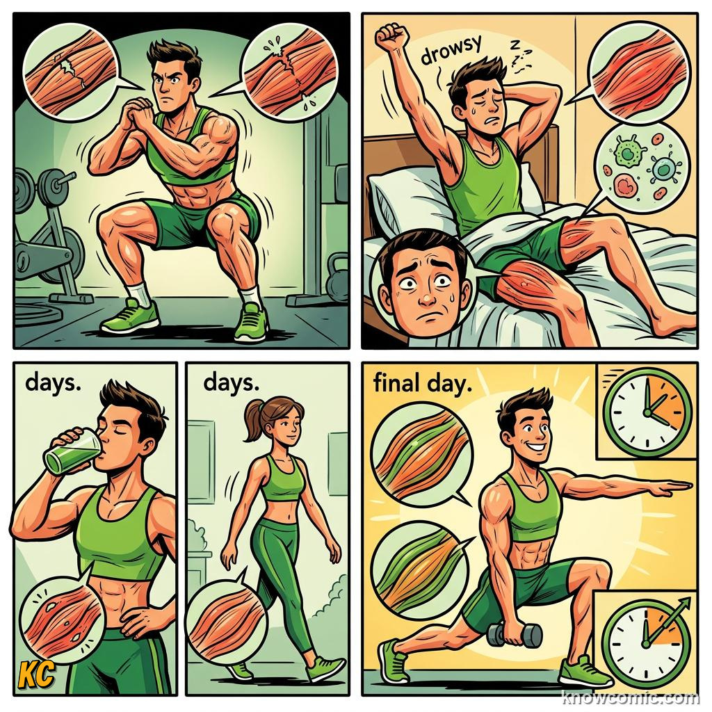Comic panel about post-workout soreness: Patience, educational kids illustration