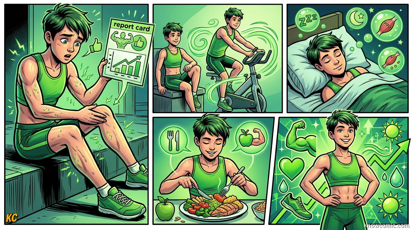 Comic panel about post-workout soreness: Listen Up, educational kids illustration