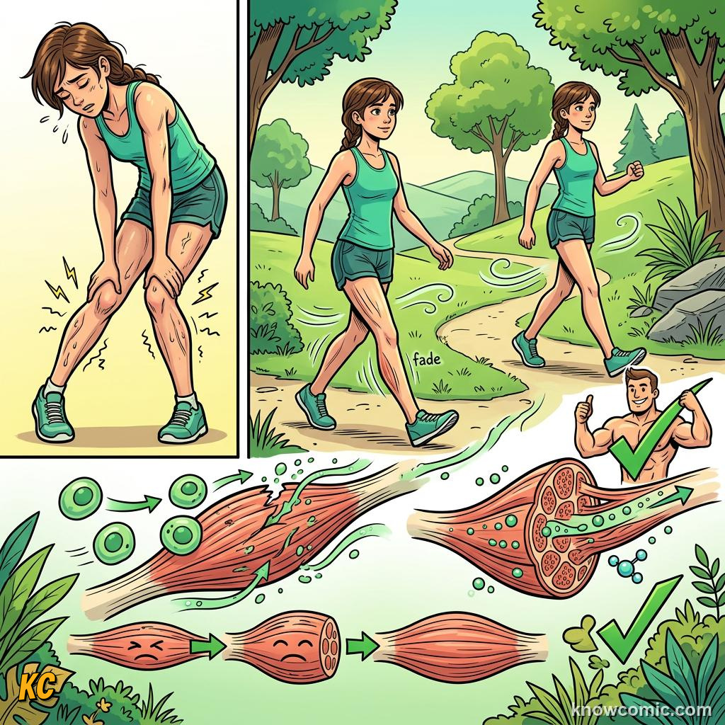 Comic panel about post-workout soreness: Soreness Is A Message, Gradual, educational kids illustration