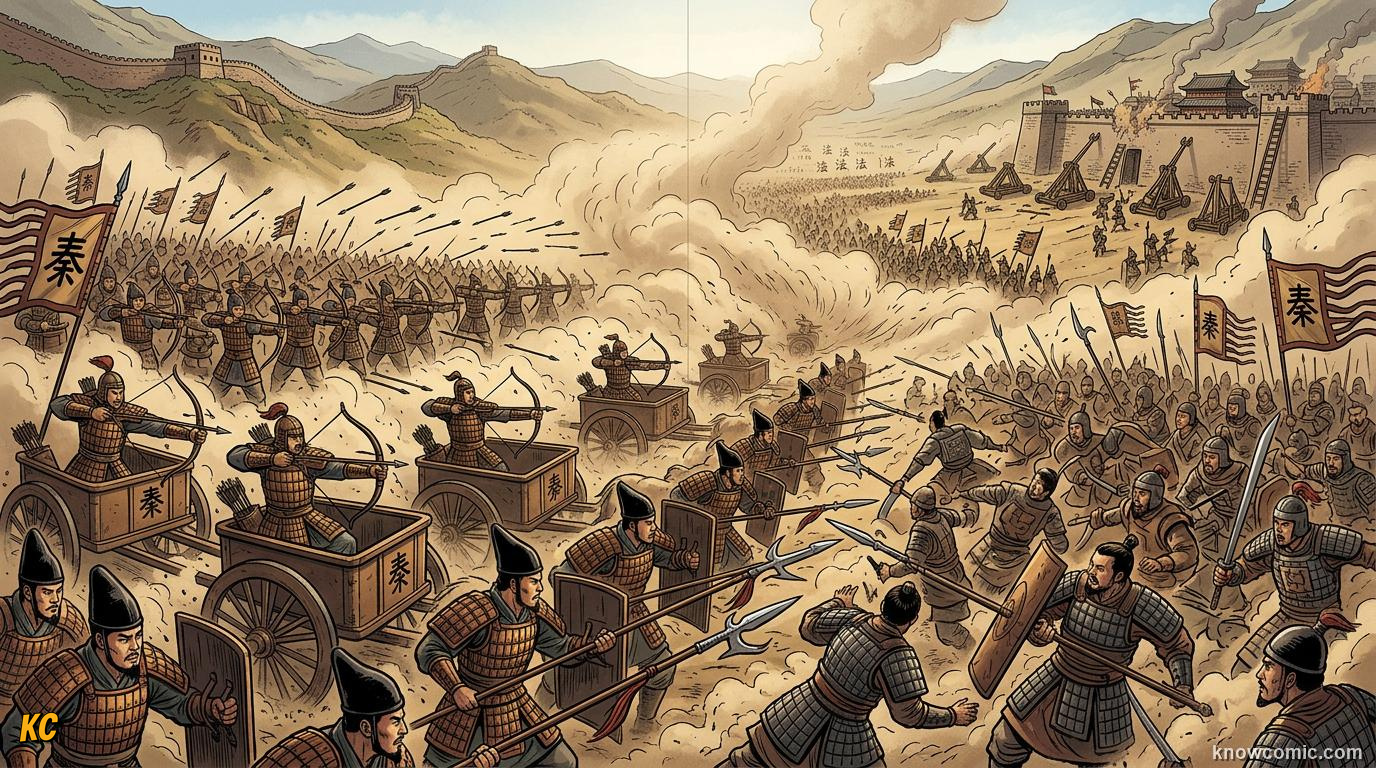 Armies of rival Chinese warring states clashing with chariots and crossbows before unification