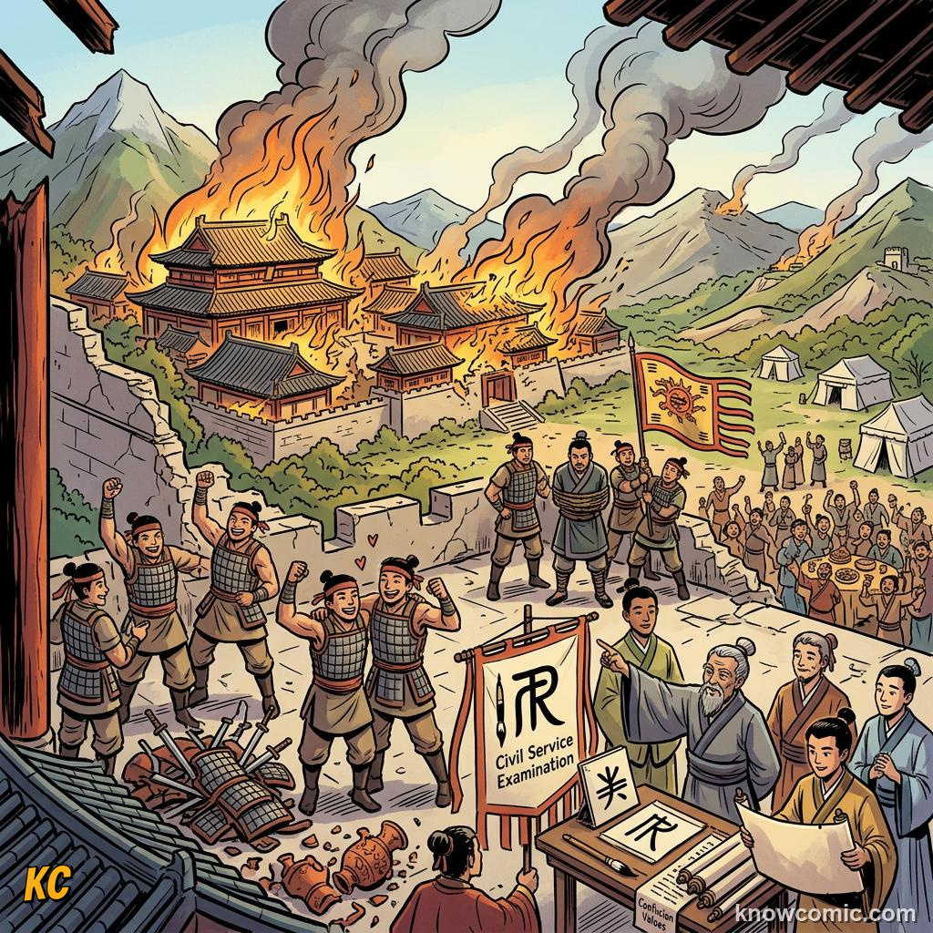 Aftermath of Qin dynasty collapse with rebels ending harsh Legalist rule in 206 BCE