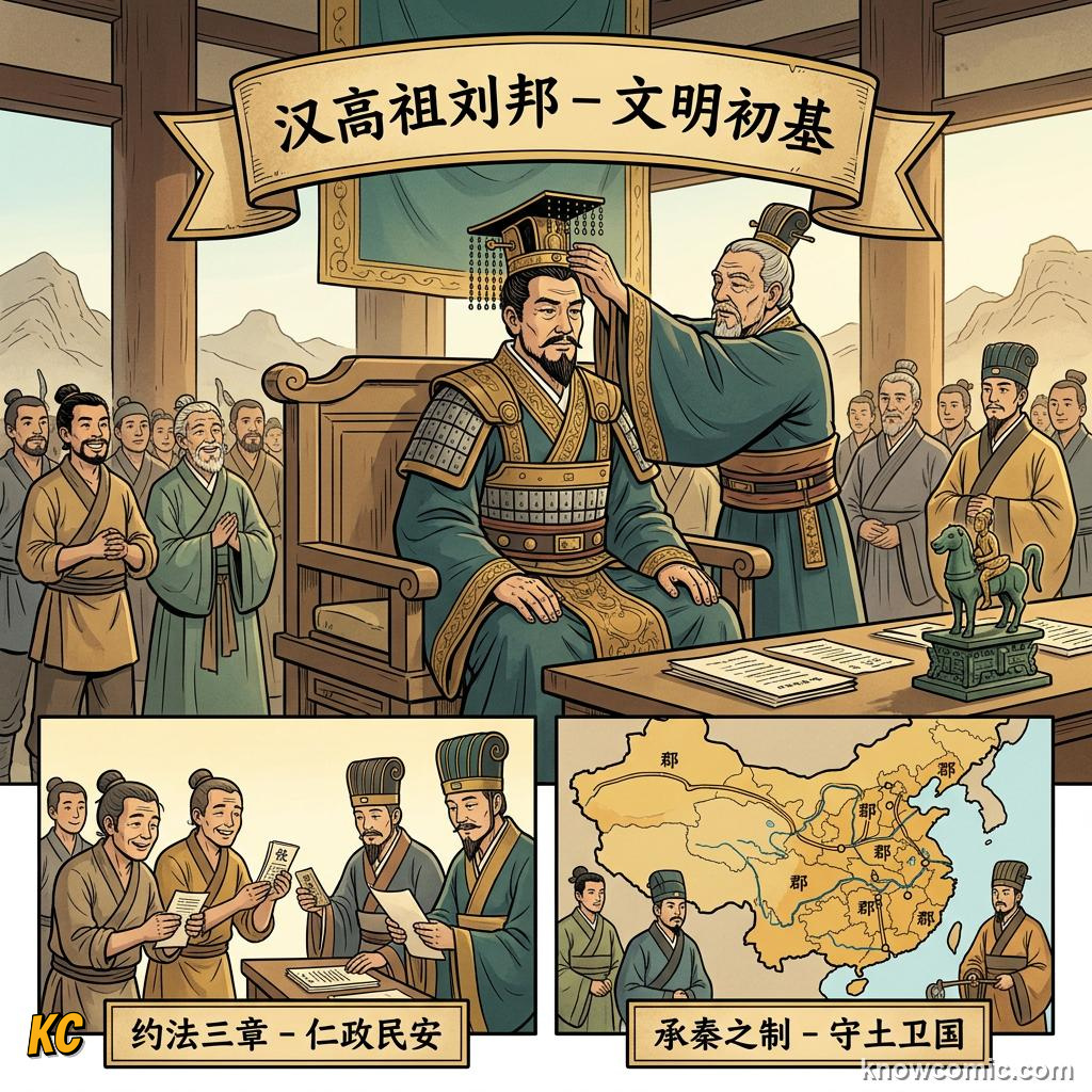 Liu Bang crowned Han Gaozu emperor keeping Qin roads and commanderies with softer laws
