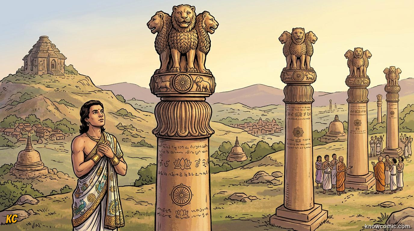 Emperor Ashoka of the Mauryan Empire standing before polished sandstone pillars across ancient India