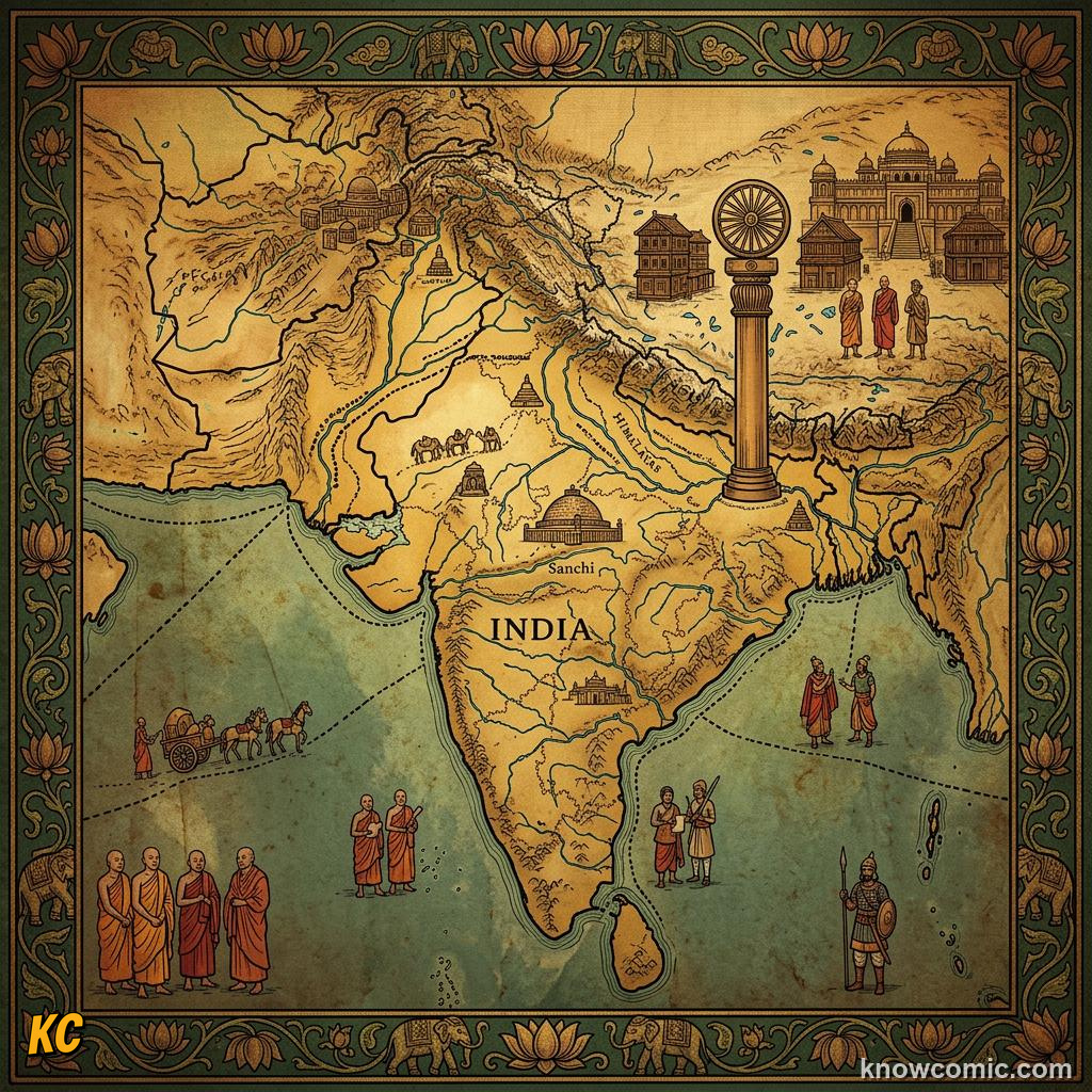 Map of the Mauryan Empire at its greatest extent under Ashoka across the Indian subcontinent