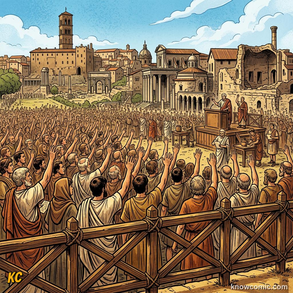 Roman citizen voters raising hands in a republican assembly election