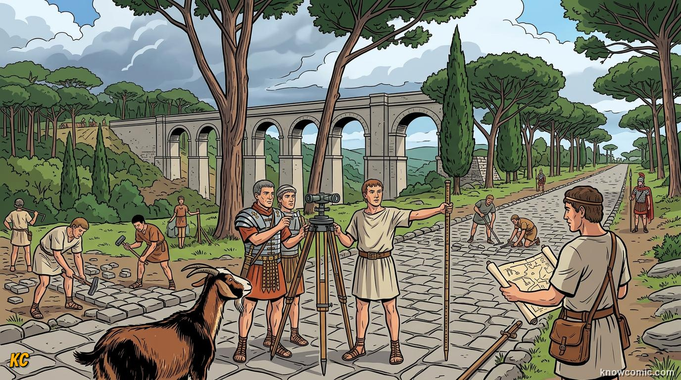 Roman engineers surveying a new road and aqueduct bridge across the Italian landscape