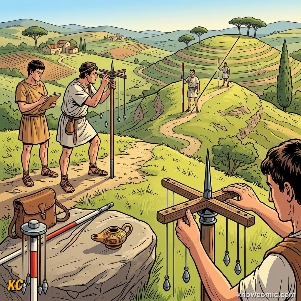 Roman surveyors using groma tools to plan straight road routes across hills