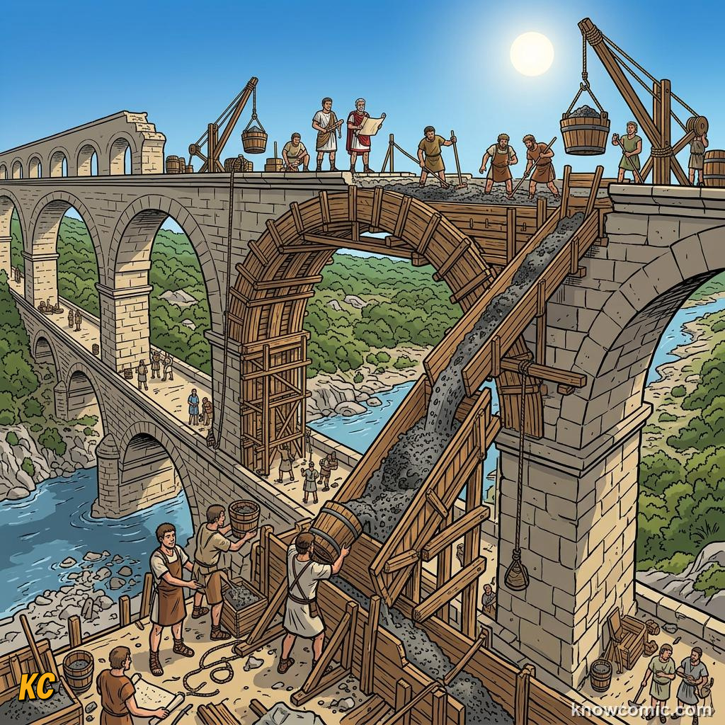 Roman workers pouring pozzolana concrete into arch forms for a bridge