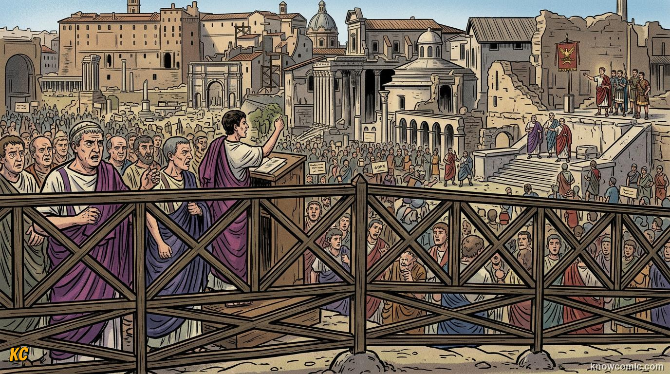 Roman Forum during late Republic political crisis with senators and crowds debating power