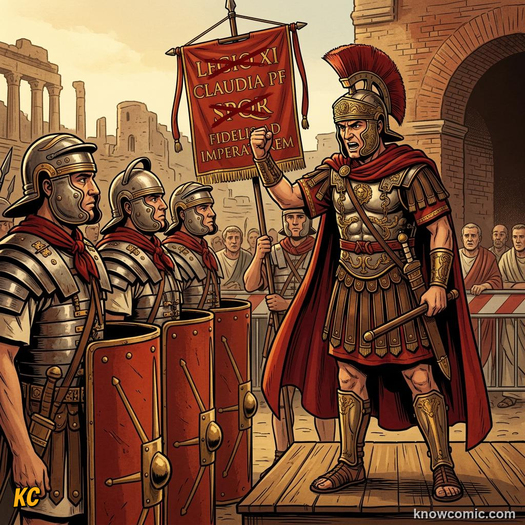 Roman general addressing legionaries whose loyalty shifted from the Senate to their commander