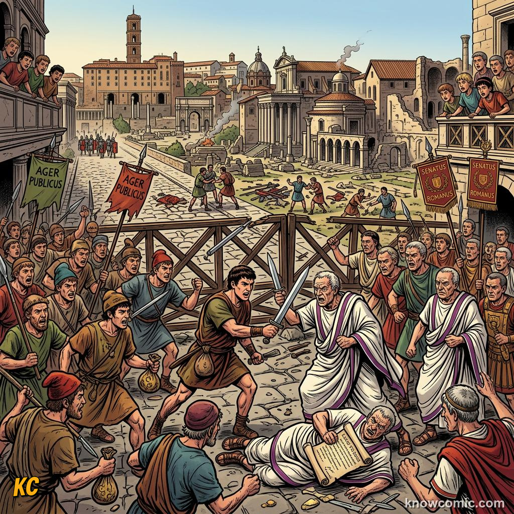Roman populares and optimates factions clashing over land reform and senatorial privilege