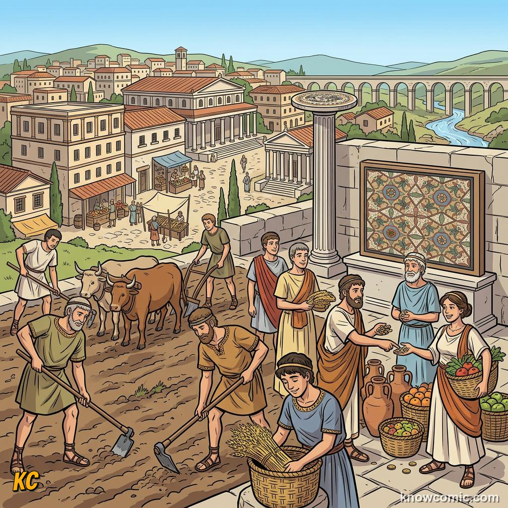 Roman citizens farming and trading in peaceful provincial town without legionary battles in streets