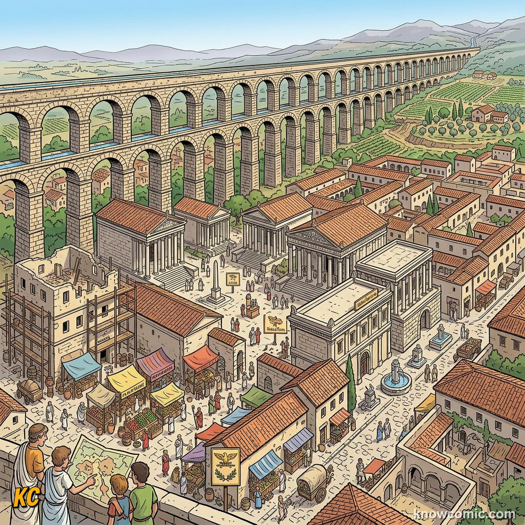 Growing Roman imperial cities with forums markets and aqueducts serving large urban populations
