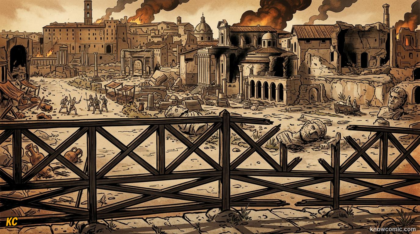 Crumbling Roman forum during the Third Century Crisis with empty markets, broken statues, and smoke on the horizon