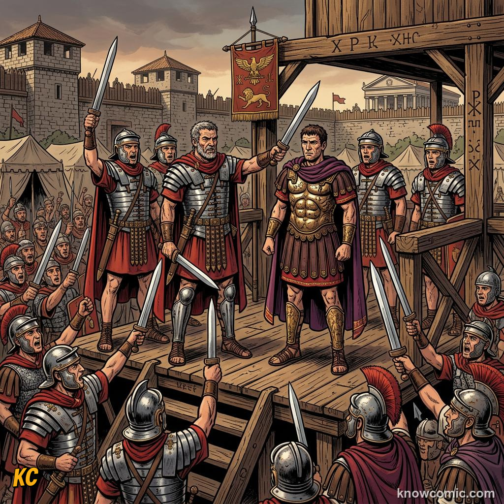 Roman Praetorian Guard proclaiming a new soldier emperor on a camp platform with soldiers raising swords