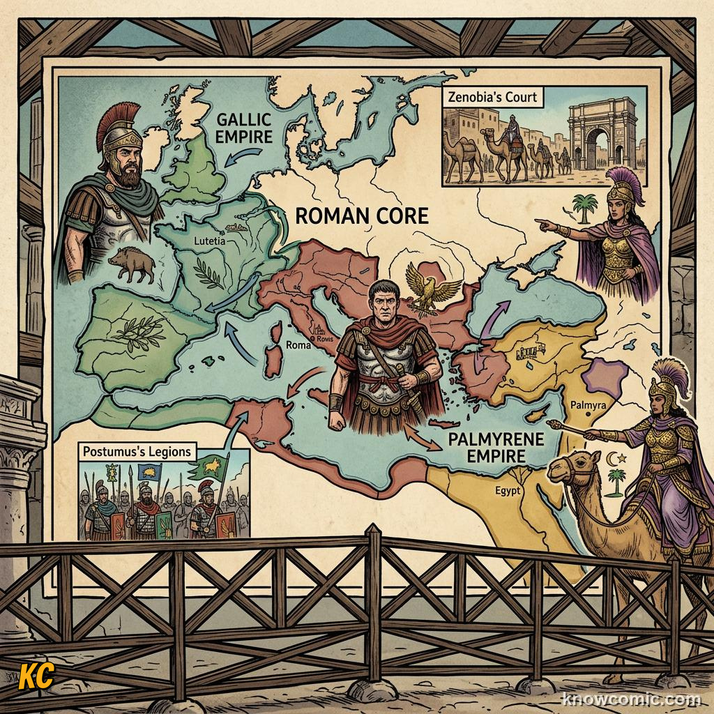 Map-style view of the Roman Empire splitting into Gallic, Palmyrene, and central zones with breakaway rulers in the 260s CE