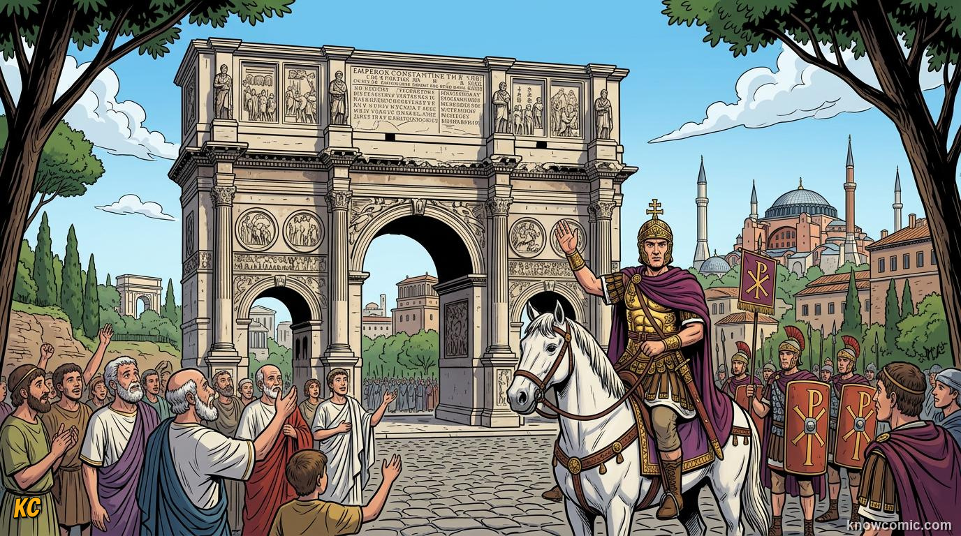 Emperor Constantine the Great in military dress standing before the Arch of Constantine in Rome in a triumphant mood