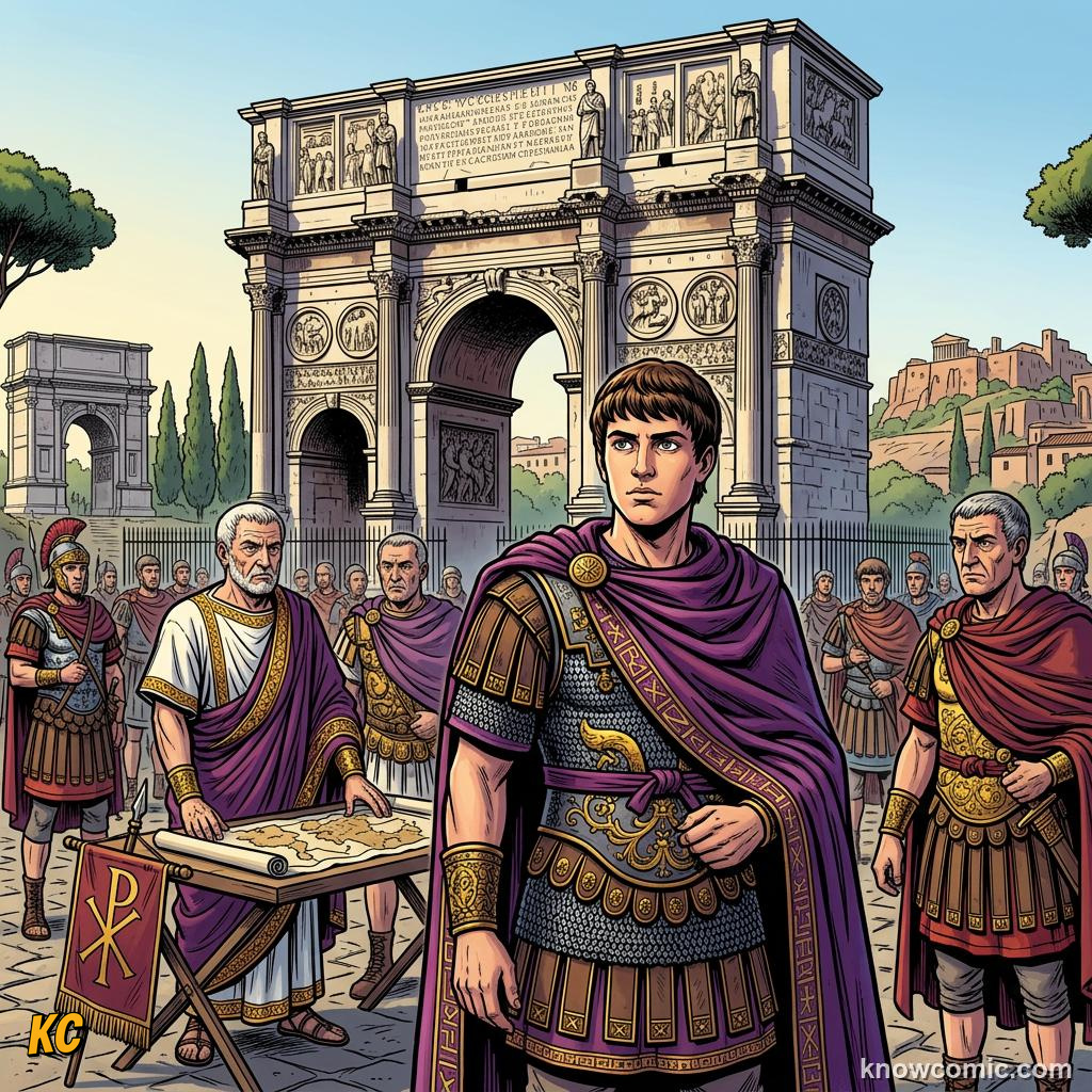 Young Constantine serving under Diocletian in the tetrarchy wearing a purple military cloak with ambition in his eyes