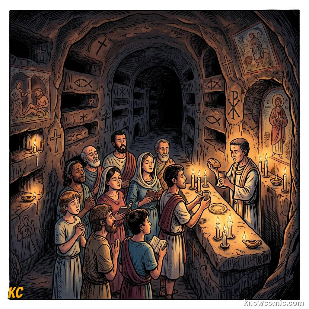 Underground Christian worship in Roman catacombs with candles before persecution ended under the Edict of Milan