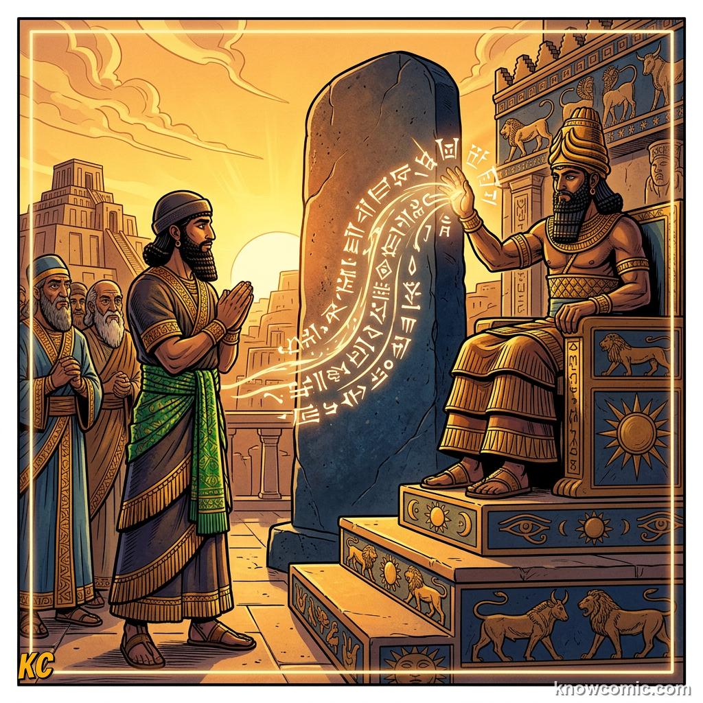 Hammurabi on his throne receiving tribute