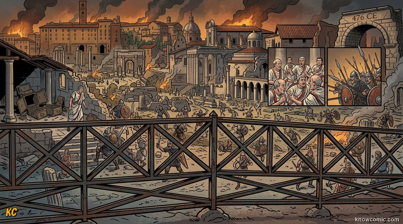 Weakened Western Roman Empire map with crumbling forum, empty treasury, and debate over internal decay versus external invasion