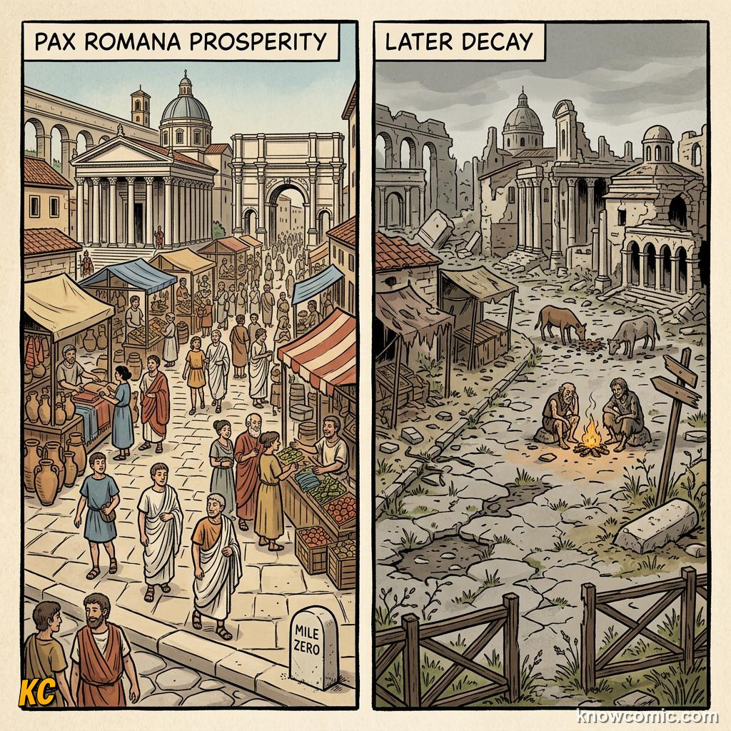 Contrast between Pax Romana prosperity from Topic 17 and later empty roads and ruined market stalls showing decay