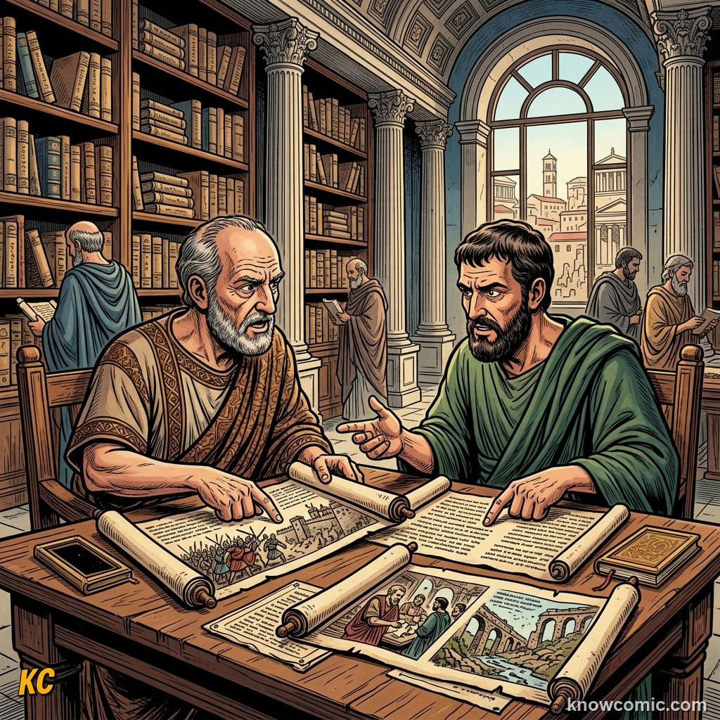 Historians debating barbarian invasions versus internal decay with scrolls in a Roman library