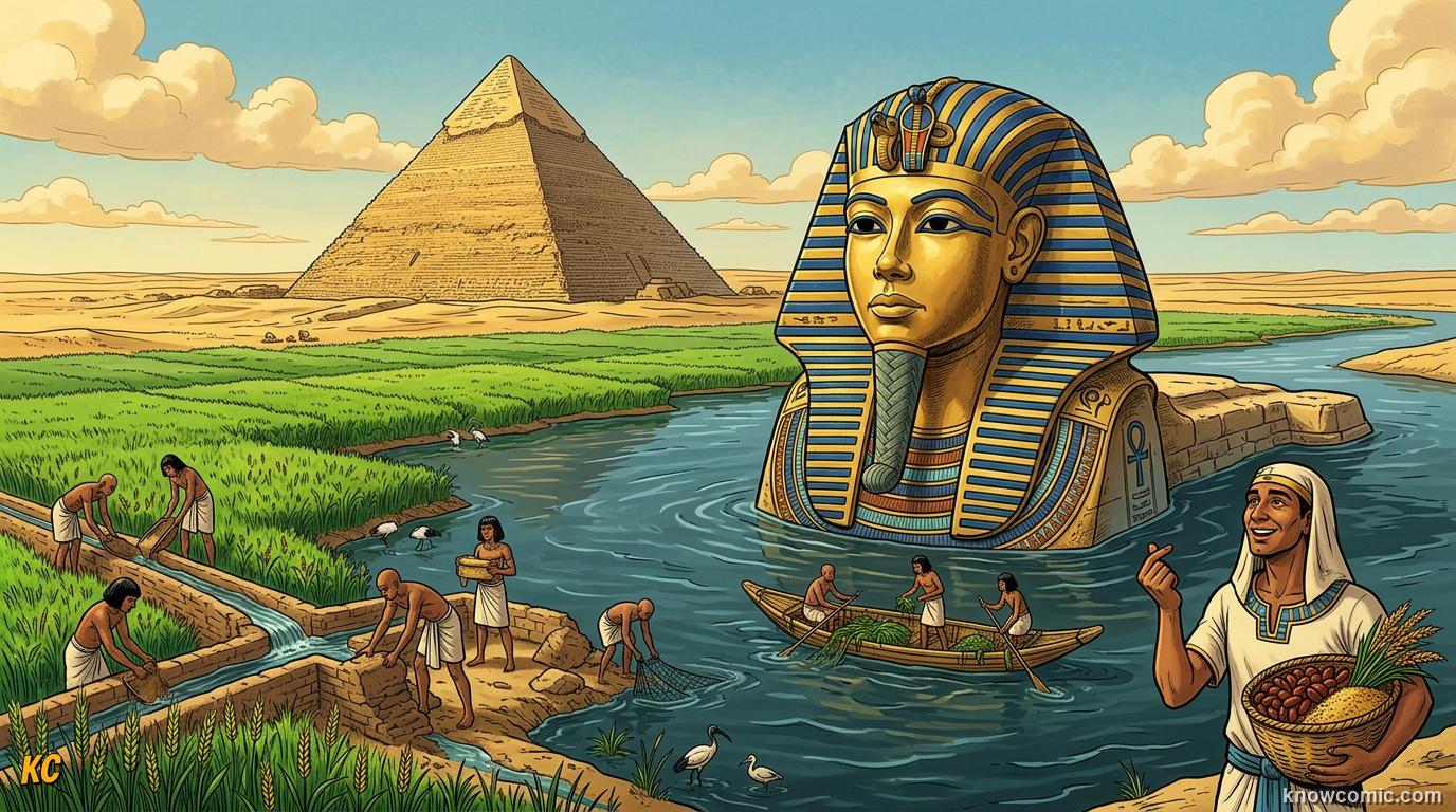 The Nile floodplain and Egyptian fields under a golden sky