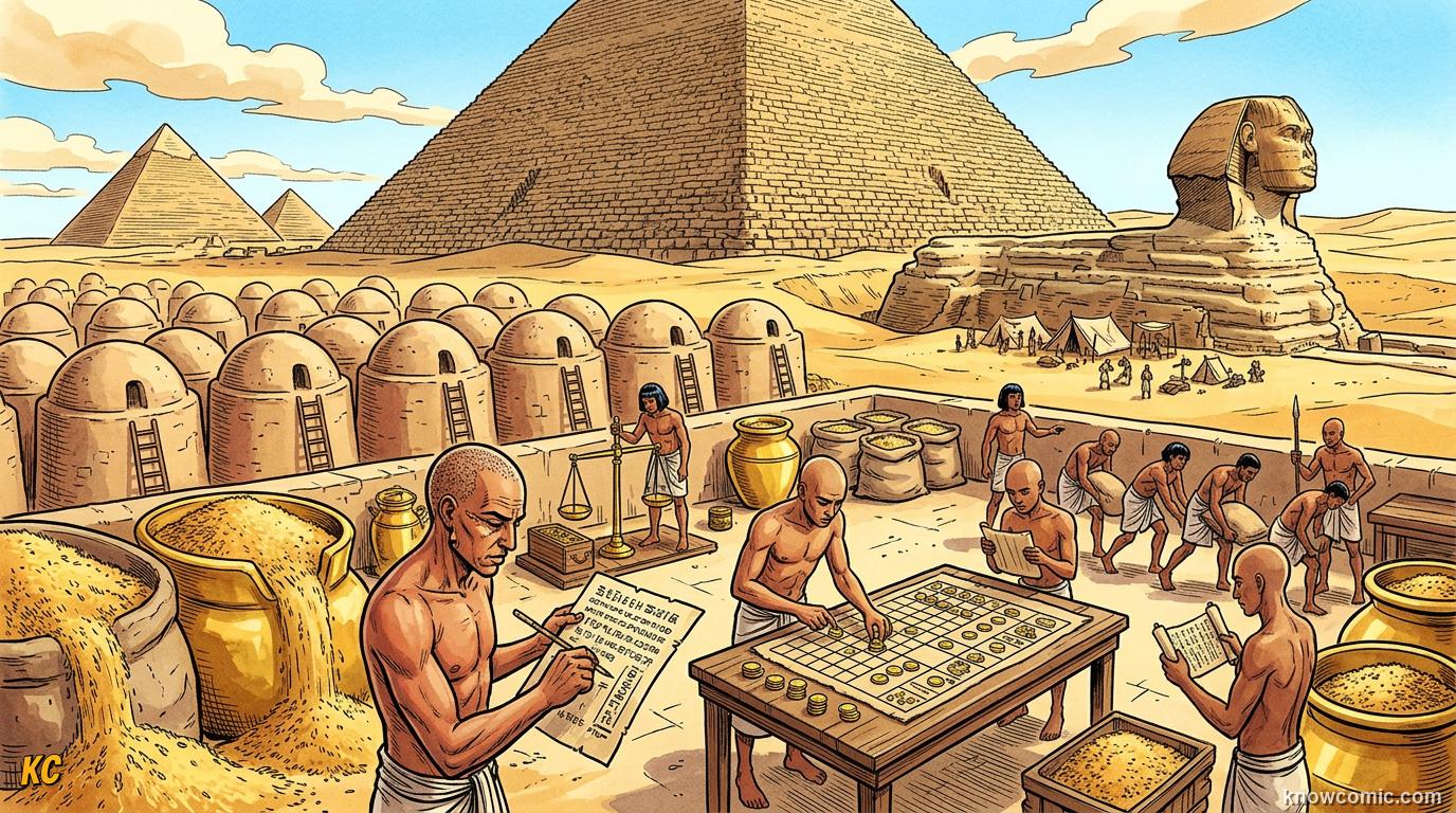 Nile floodplain fields and granaries feeding the Old Kingdom Egyptian state