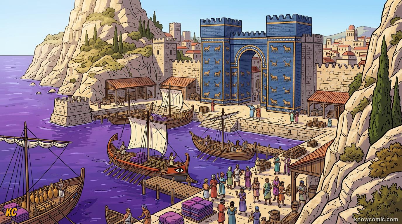Phoenician coastal city of Tyre with harbours and merchant ships