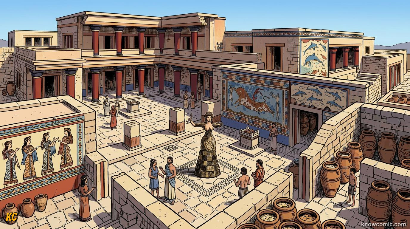Minoan palace of Knossos on Crete with colourful frescoes and courtyards