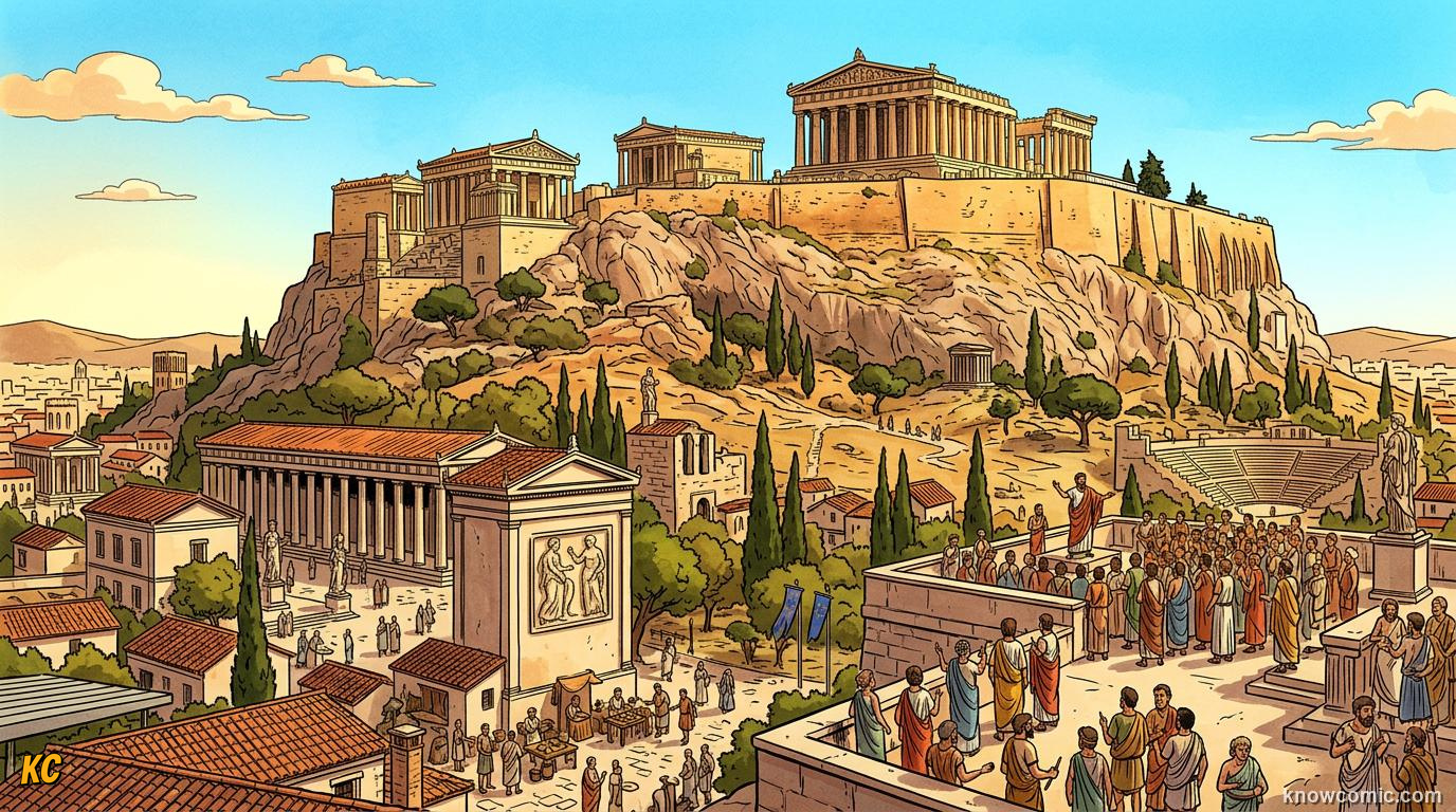 Athenian Acropolis rising above the city with temples and rocky hill