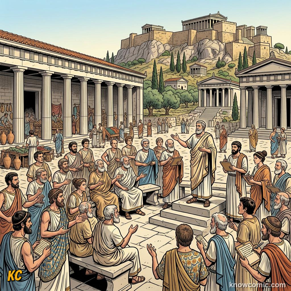 Athenian citizens gathering in an open agora marketplace for public debate