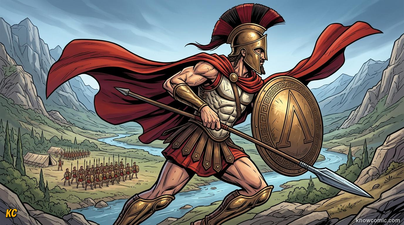 Spartan warrior in bronze helmet and red cloak standing before mountains of Laconia