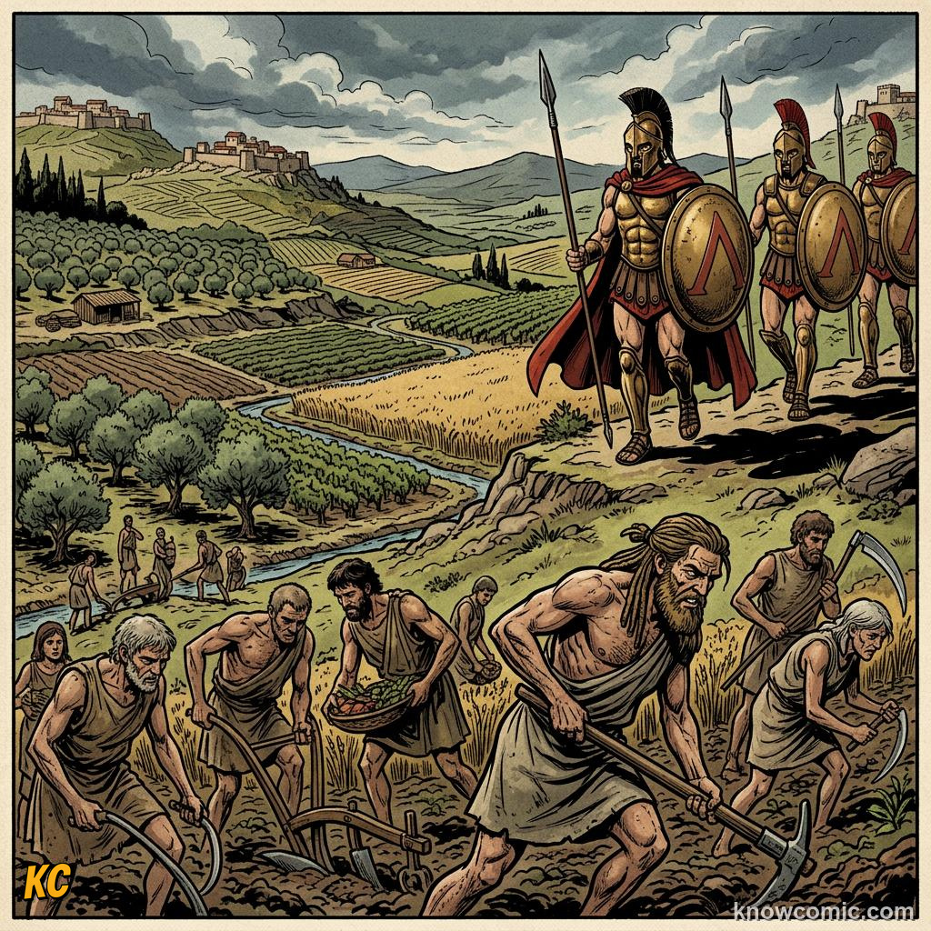 Helot farmers working fields while Spartan soldiers patrol the countryside