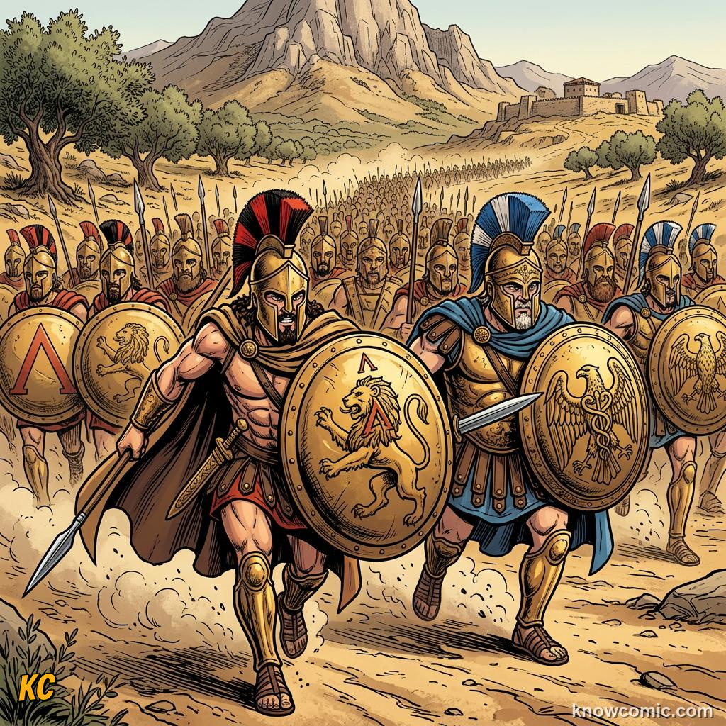 Two Spartan kings leading hoplite soldiers from rival royal houses