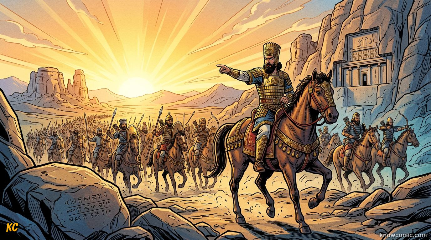 Cyrus the Great on horseback leading Persian armies across the Iranian plateau around 550 BCE