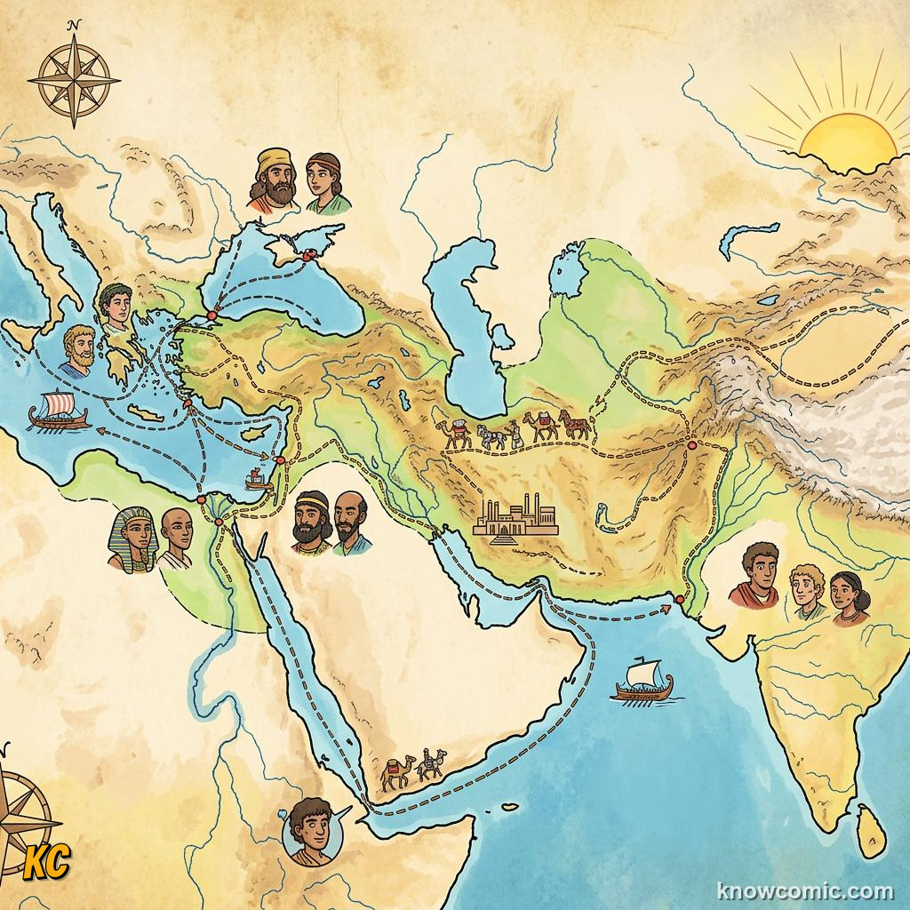 Map-style comic view of the Persian Empire spanning Asia Africa and Europe