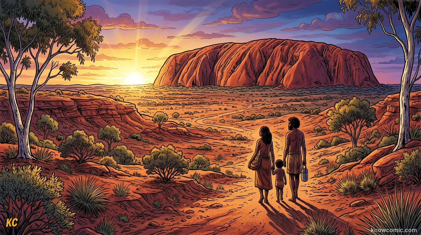 Comic panel about aboriginal australians: First Peoples, educational kids illustration