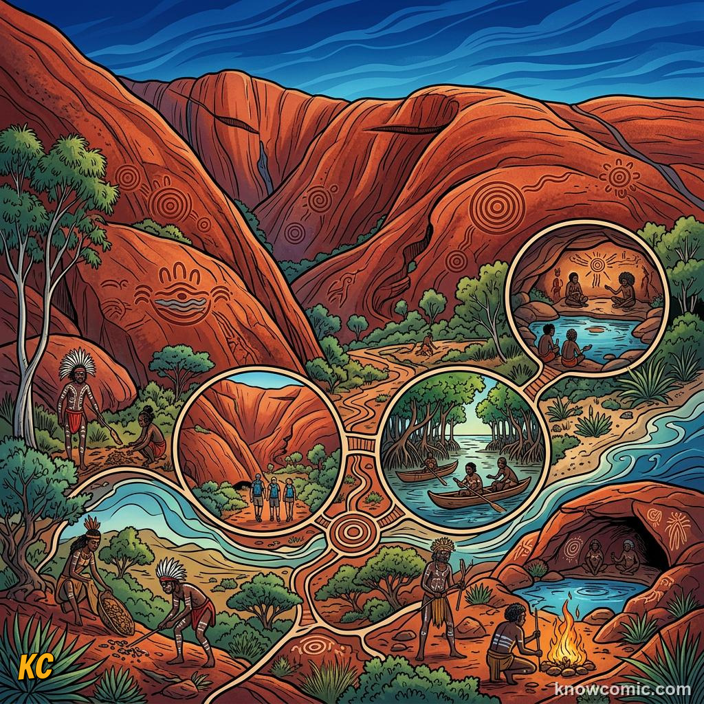 Comic panel about aboriginal australians: A Continuous Culture, Nations, educational kids illustration