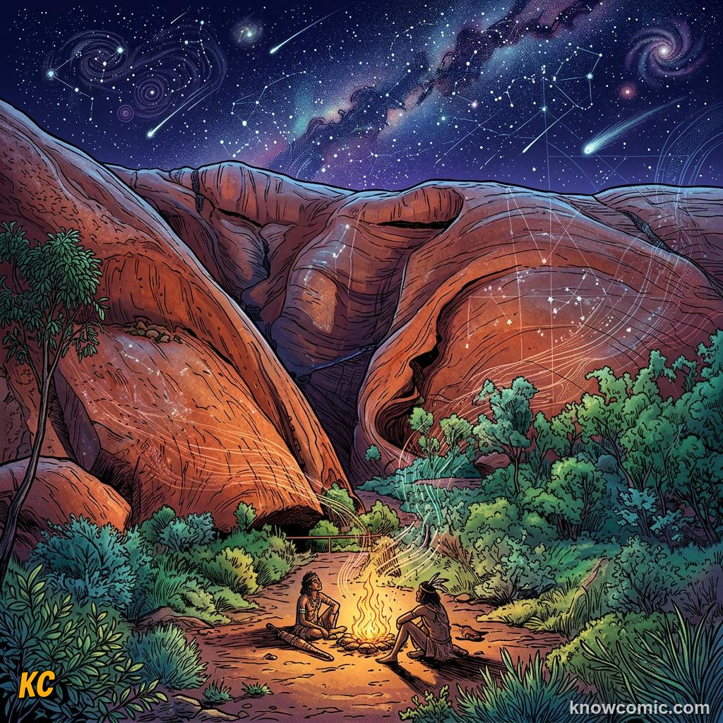 Comic panel about aboriginal australians: Time, educational kids illustration