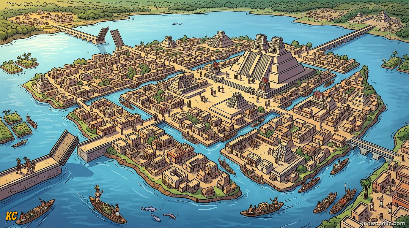 Comic panel about aztec empire: tenochtitlan: Tenochtitlan, educational kids illustration
