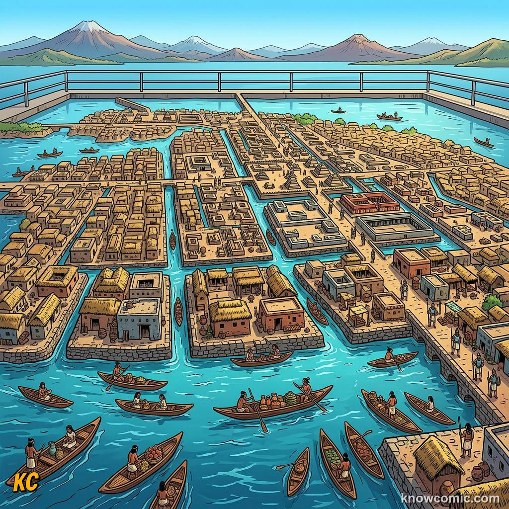 Comic panel about aztec empire: tenochtitlan: A Capital On The Water, Island, educational kids illustration