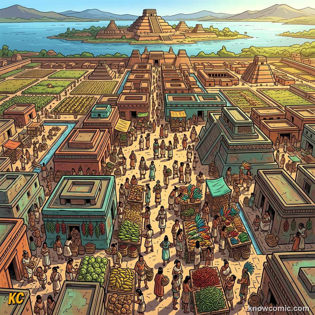Comic panel about aztec empire: tenochtitlan: Market, educational kids illustration
