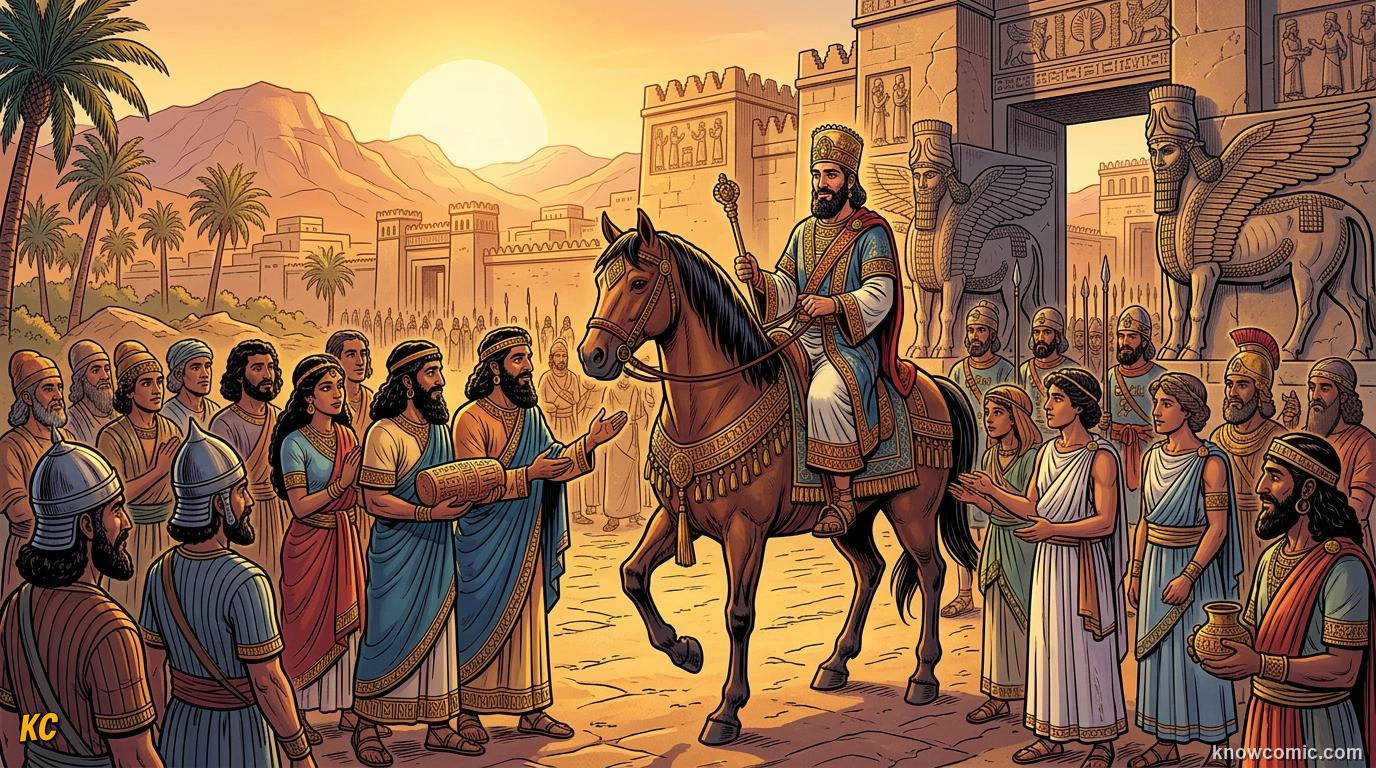 Comic panel about ancient persia: Achaemenid Start, educational kids illustration
