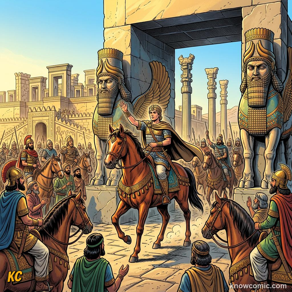 Comic panel about ancient persia: An Empire Of Many Peoples, Rise, educational kids illustration