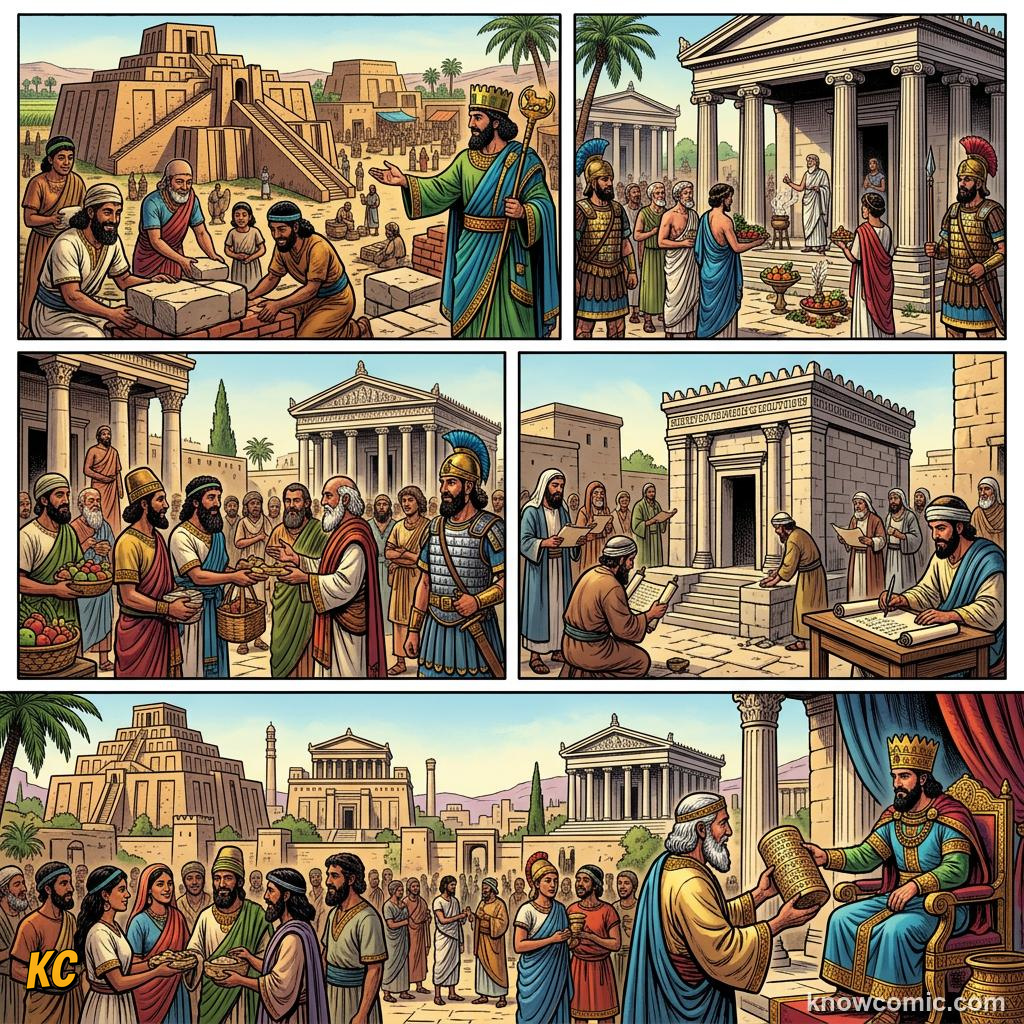 Comic panel about ancient persia: Policy, educational kids illustration