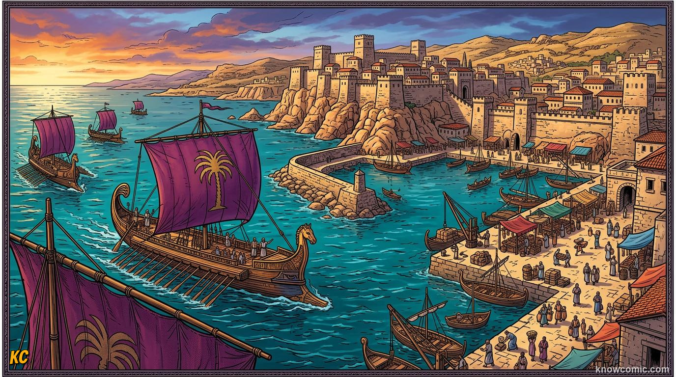 Comic panel about phoenicians: alphabet: Lebanon Coast, educational kids illustration