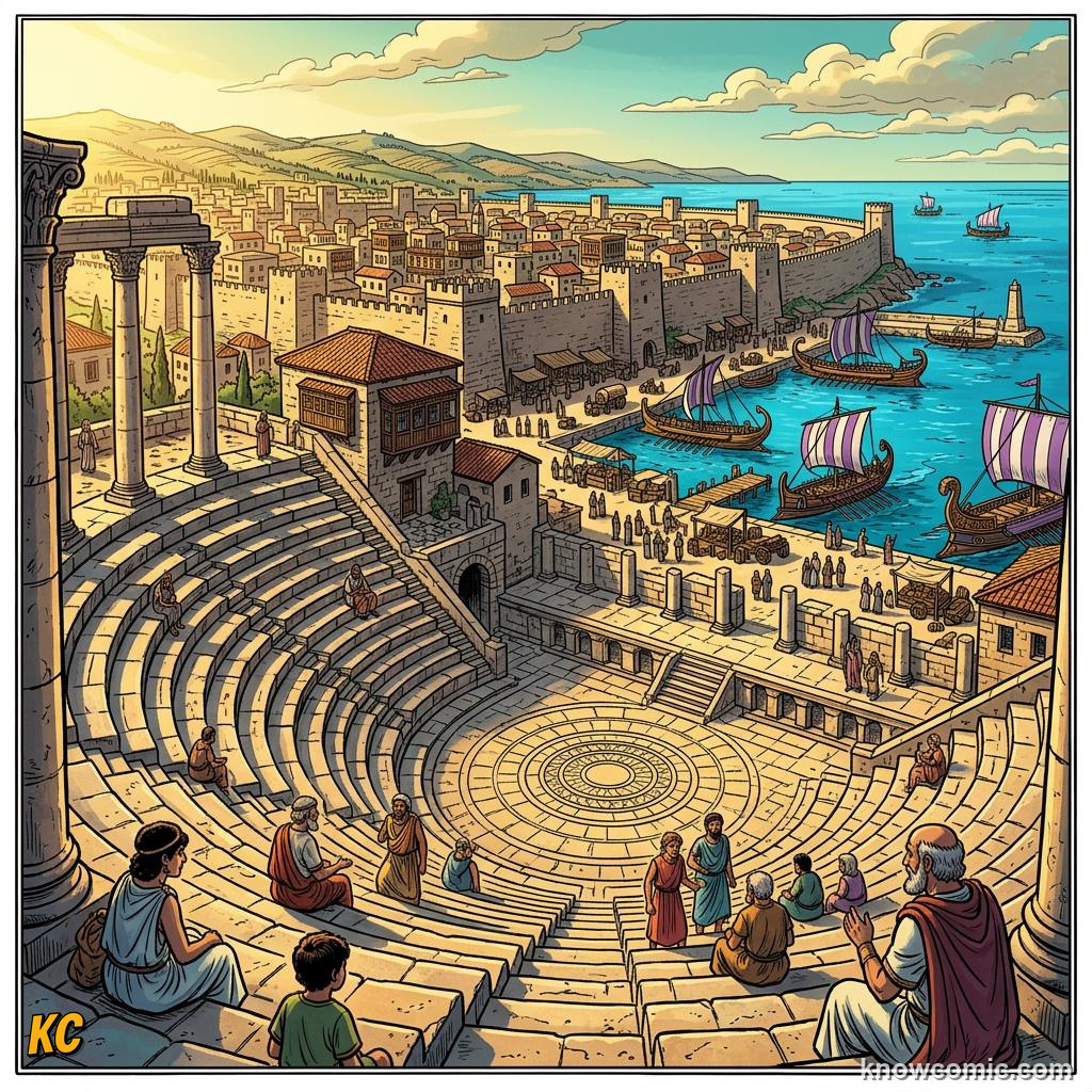 Comic panel about phoenicians: alphabet: Cities That Looked Outward, Tyre, educational kids illustration
